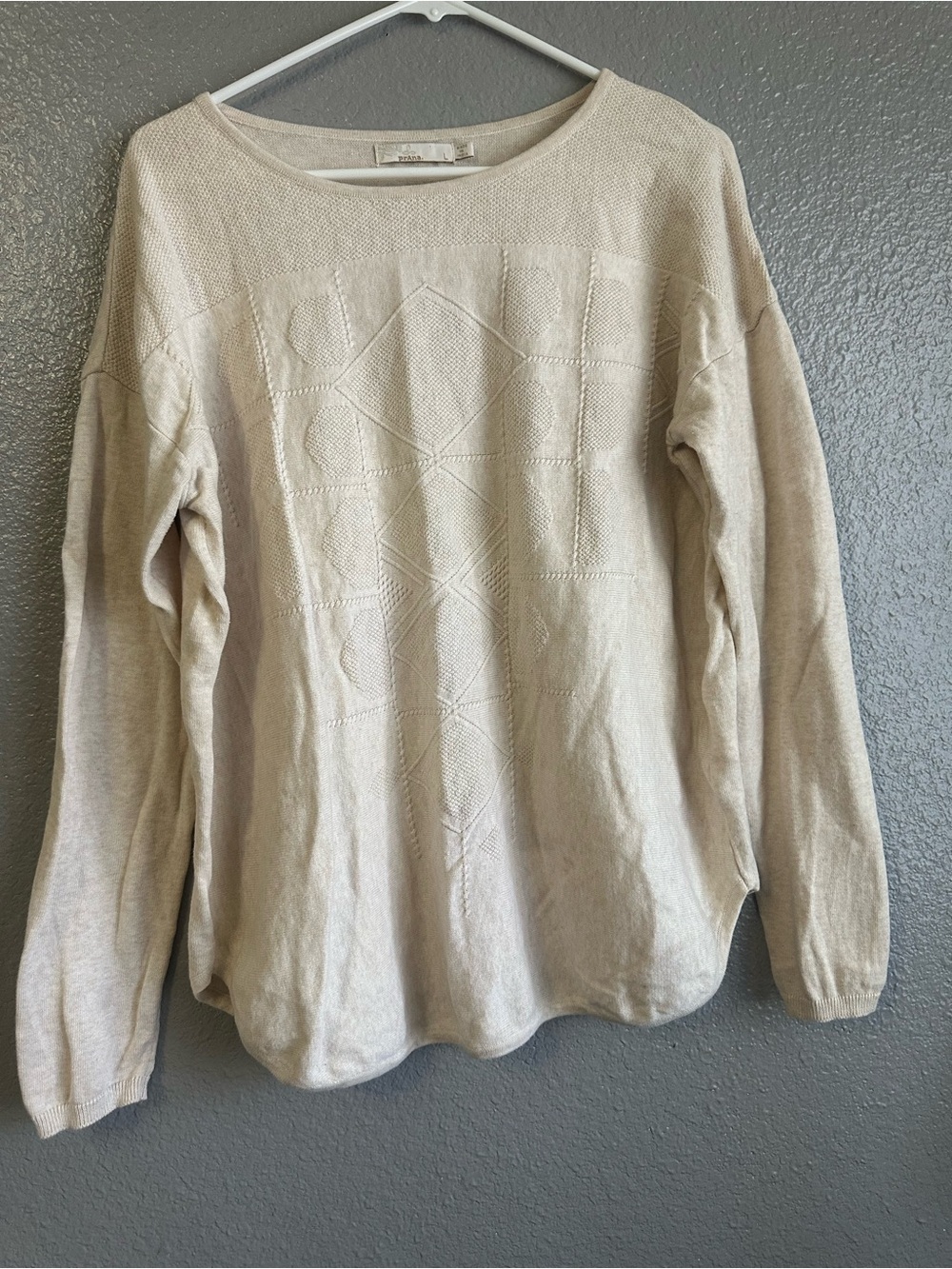 Prana Cream Textured Crew Neck t shirt/sweater size large 100% organic cotton